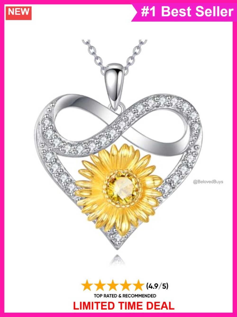 Sterling Silver Sunflower Infinity Heart Necklace 18+2 Inch